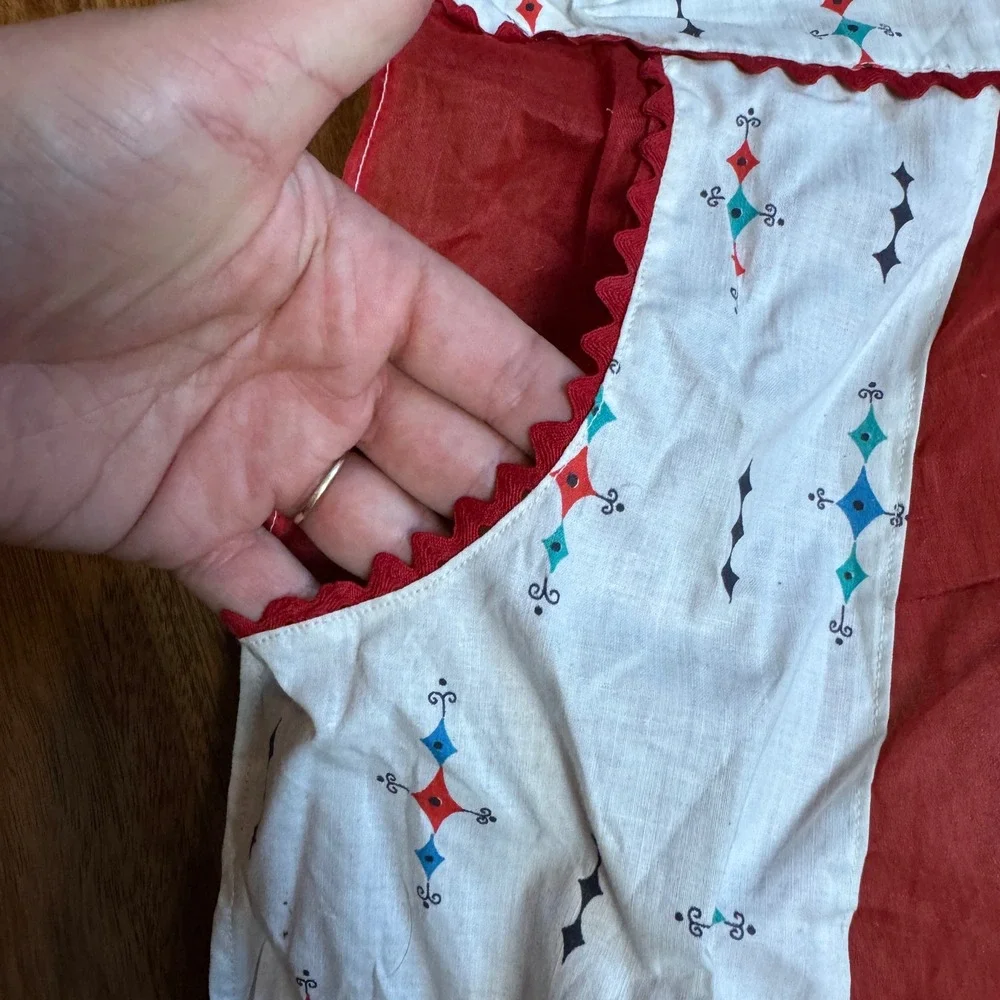 Vintage Handmade 1950s Geometric Design Sheer Red Half Apron‎ with pockets